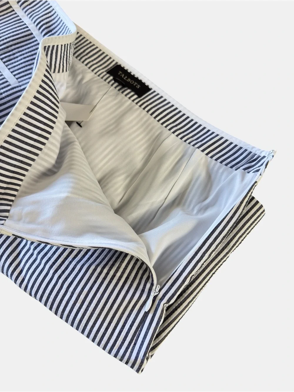 TALBOTS Skirt Size 8P Navy White Stripe Cotton Classic A-Line Lined Seersucker